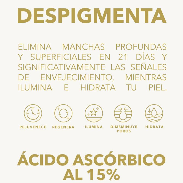 Sérum de vitamina C liposomada al 15%, ácido hialurónico y activos que despigmentan y transforman tu piel.